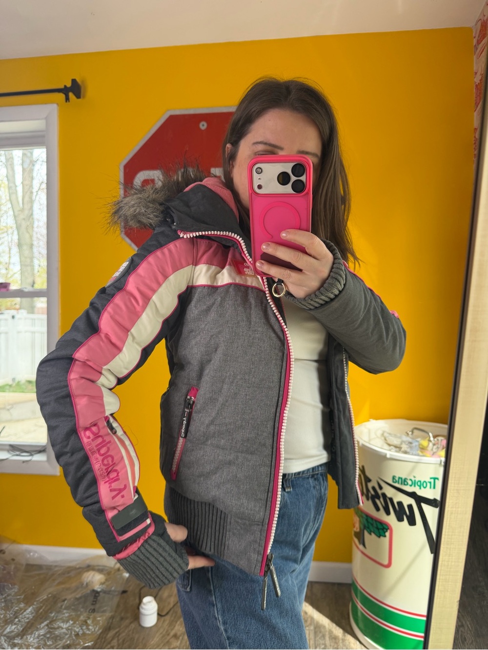 Superdry rare retro Gray and Pink ski Jacket Xs fur hood snowboarding co…